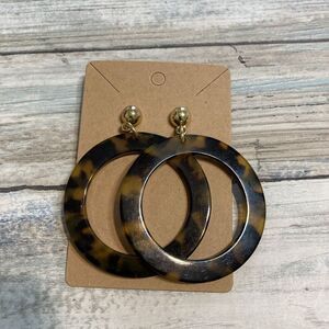 Tortoise Acetate Circle EARRINGS Drop‎ dangle Gold Tone Posts Large 2.5"